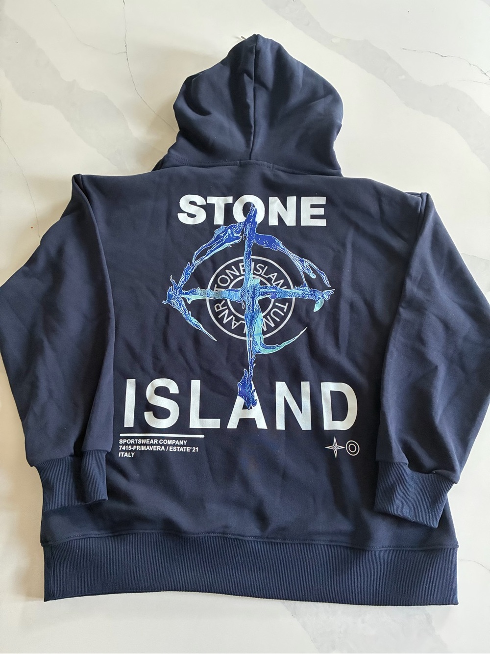 Stone Island Navy Blue Graphic Back Logo Zip-Up Sweater